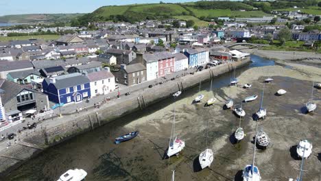 Quayside-Aberaeron-Wales-seaside-town-and-harbour-Aerial-footage-4k