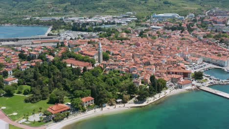 Drone-view-of-the-Slovenian-coastal-town-of-Izola-on-a-sunny-summer-day