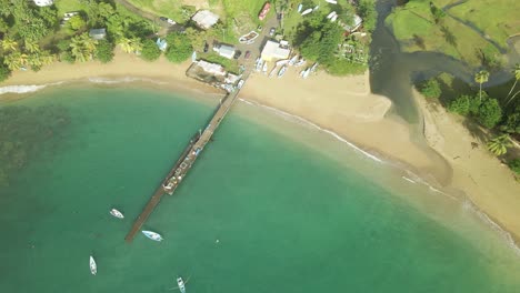 Ascending-aerial-view-of-a-jetty-with-waves-crashing-on-the-shoreline-in-the-fishing-village-of-Palatuvier,-Tobago