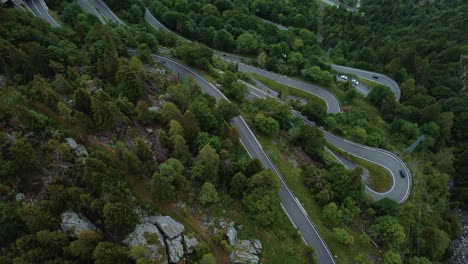 Aerial-view-drone-flight-above-the-scenic-mountain-serpentine-road-turns-at-Plöckenpass-in-the-natural-Austrian-Italian-alps-in-summer-with-forest-trees-in-nature-and-travel-holiday-cars-on-the-street