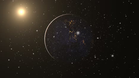 solar-system,-planet-earth-at-night-with-the-sun-in-space-foreground