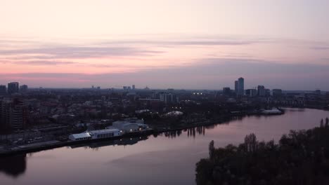 Aerial-View-Of-Pink-Sunset-On-Downtown