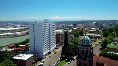 Aerial-View-Of-The-Orion-Apartment-Building-From-The-First-Presbyterian-Church-In-Tacoma,-Washington