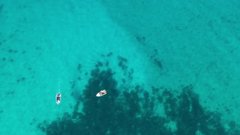 Top-down-aerial-view-of-boats-in-blue-tropical-sea-water,-Bunker-Bay,-Australia