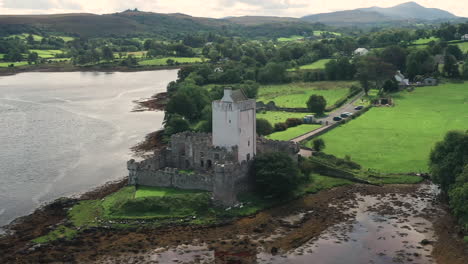 Drone-Aerial-View-of-Doe-Castle,-Sheephaven-Bay,-Donegal,-Ireland