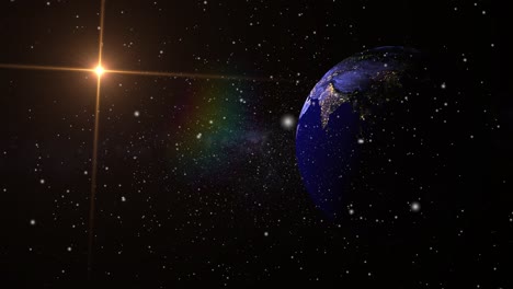 Sistema-Solar,-Planeta-Tierra-Y-Estrellas-Naranjas-Brillantes-En-El-Espacio
