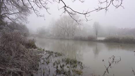 Frost,-mist-and-fog-on-the-dank-river-Leam-in-Jephson-Gardens-park-in-Leamington-Spa,-England,-UK-on-a-cold-winter-day