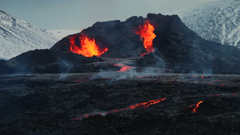 Two-Craters-With-Red-Hot-Lava-Fountain---Geldingadalir-Eruption-Near-Fagradalsfjall-In-Iceland