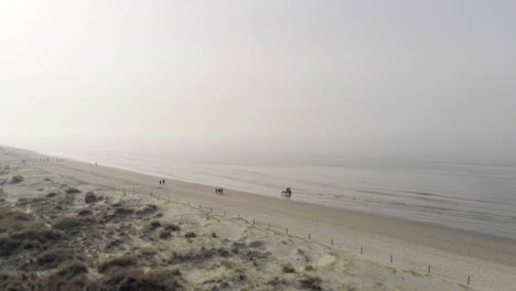 Aerial-view-showing-endless-sandy-beach-with-walking-tourist-in-the-morning