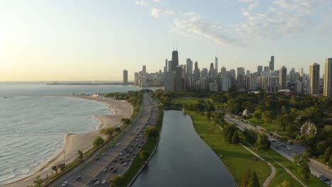 Fixed-Aerial-View-of-Lincoln-Park,-Chicago-Skyline,-Lake-Michigan-on-Summer-Day