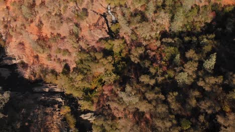 Super-high-and-wide-aerial-view-of-Hidden-Falls-Regional-Park-waterfall-flowing-through-the-golden-Auburn,-California-mountains
