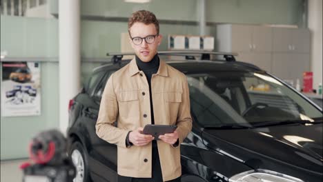Stylish-young-man-shoots-a-video-presentation-of-the-car-in-the-showroom