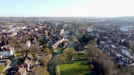 Drone-flying-over-Westgate-area-of-Canterbury,-Kent-,UK