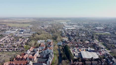 Drone-flies-over-the-River-Great-Stour-in-Canterbury,-England