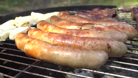 Slow-Motion-of-Tasty-German-Sausages-on-Barbecue-Grill-in-Thuringia