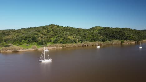 Aerial-view-of-the-Guadiana-River,-the-boats-sailing-up-the-river,-and-the-slopes-full-of-Mediterranean-vegetation