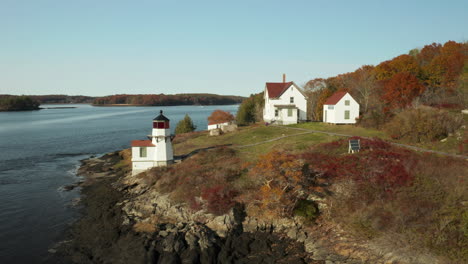 Orbiting-Aerial-shot-of-Squirrel-point-Lighthouse-on-Scenic-Maine-Coast