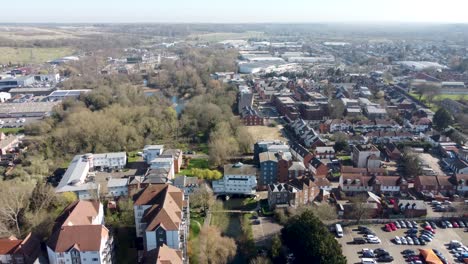 High-aerial-view-of-the-city-of-Canterbury,-Kent,-UK