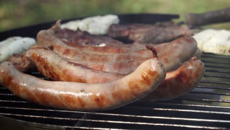 German-Sausages-on-a-Hot-Grill-for-a-Delicious-Barbecue-in-the-Nature