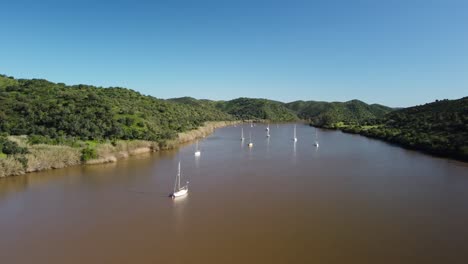 Aerial-view-of-the-beautiful-Guadiana-River,-the-boats-sailing-up-the-river,-and-the-slopes-full-of-Mediterranean-vegetation
