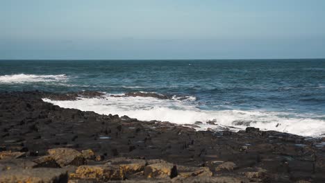 Wide-angle-view-looking-out-from-Giant's-Causeway-to-sea,-slow-motion