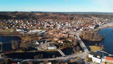 Scenic-View-Of-Bengtsfors,-Dalsland,-Sweden-In-Autumn---aerial-shot