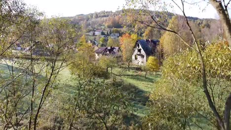 Drohne-Fliegt-Durch-Bäume-In-Wunderschöner-Herbstlandschaft