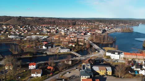 Slow-aerial-flight-above-beautiful-swedish-rural-region-during-sunny-day-and-blue-sky