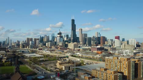 Aerial-View-of-Chicago-Highway-System,-Skyline-in-Background
