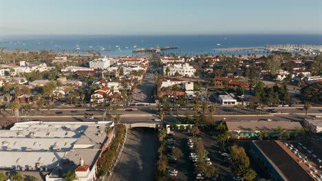 Aerial-view-over-State-street-and-Pacific-coast-highway,-in-Santa-Barbra,-California