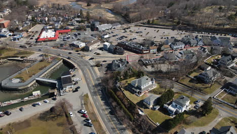 Drone-fast-pan-right-to-left-of-Hingham-Harbor-waterfront