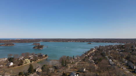 Drone-footage-of-Hingham-Harbor-and-Crow-Point,-MA