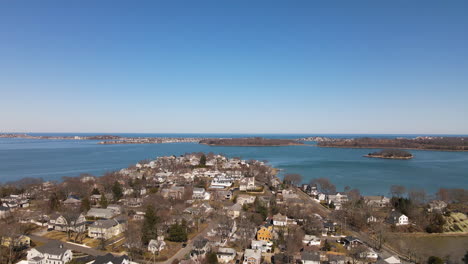 Aerial-Drone-footage-of-Hingham-Bay,-Hull-Bay-and-Boston-Harbor