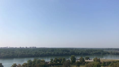 Panoramic-view-of-confluence-of-Sava-and-Danube-rivers-in-Belgrade-from-Kalemegdan-fortress-in-4k