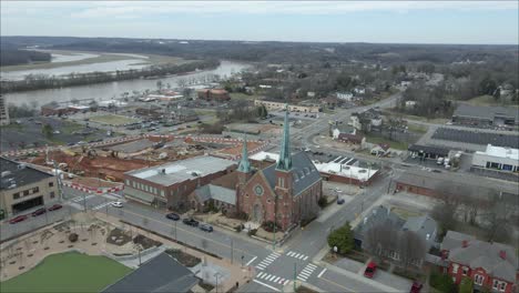 Wraparound-drone-shot,-revealing-new-event-center-and-Downtown-Commons-in-Clarksville,-Tennessee