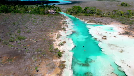 Revealing-drone-shot-of-people-in-the-clear-blue-waters-at-Bacalar-Mexico
