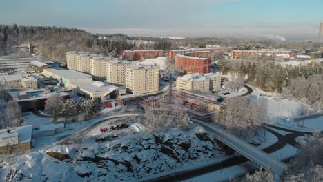 Drone-View-Of-Bergsjon-Suburb-In-Gothenburg-At-Winter-With-Apartment-Buildings-In-The-Neighborhood