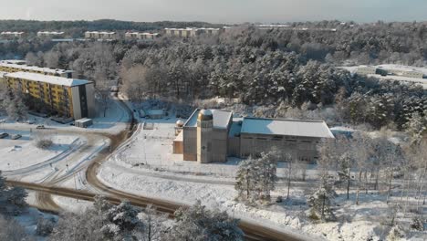 Aerial-View-Of-Orthodox-Church-In-Outskirt-Of-Gothenburg,-Sweden-In-Winter