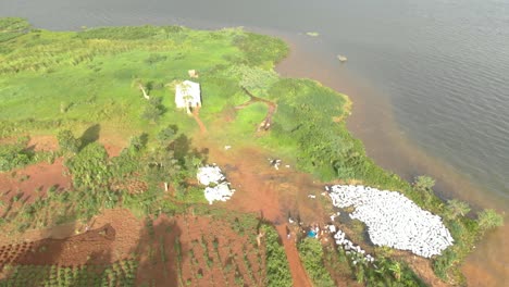 Luftaufnahme-Aus-Der-Vogelperspektive,-Die-Ein-Holzkohleprojekt-In-Afrika-Umkreist-Und-Das-Wasser-Des-Viktoriasees-Verschmutzt
