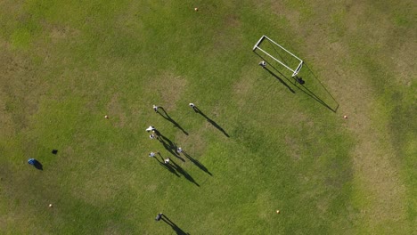 Aerial-top-down-view-of-players-dribbling-the-football-during-championship-match