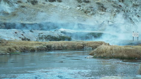 Steam-from-Natural-Hot-Spring,-Travel-Destination,-Hot-Creek-Geological-Site,-Pan