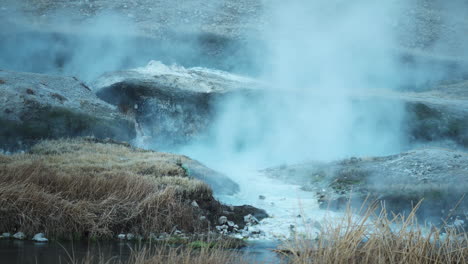 Heavy-Steaming-from-Natural-Hot-Spring,-Hot-Creek-Geological-Site,-Inyo-National-Forest,-Low-Angle