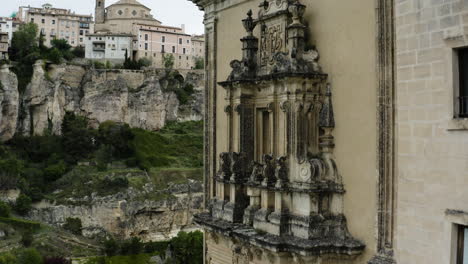 Gothic-Exterior-Of-Former-Dominican-Convent-Now-Luxury-Hotel-Atop-Huecar-Gorge-In-Cuenca,-Spain