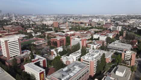 USC-Campus-over-buildings,-aerial-view-during-a-clear-day