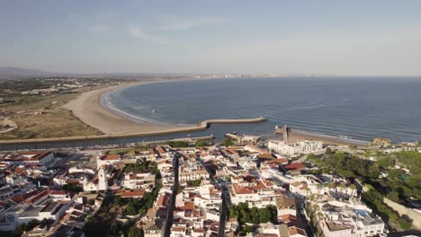 Aerial-view-of-Avenida-dos-Descobrimentos-Promenade,-Praia-da-Batata-and-Cais-da-Solária-Lagos-Algarve-Portugal