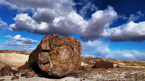 Timelapse-Rollende-Wolken-über-Baumstamm-Im-Petrified-Forest-National-Park-In-Arizona