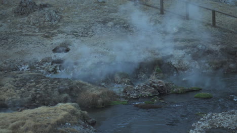 Hot-Steam-Rising-from-Hot-Spring-at-Water-Stream,-Hot-Creek-Geological-Site,-High-Angle