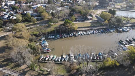 Aerial-view-of-sailboats-parked-at-the-harbor-in-Buenos-Aires,-Argentina