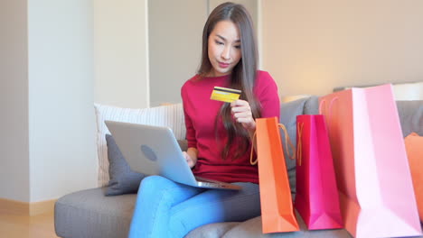 Asian-girl-sitting-on-the-sofa-surrounded-with-shopping-bags-type-in-credit-card-information-in-her-notebook-at-home