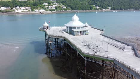 Bangor-Garth-pier-Victorian-ornamental-silver-dome-pavilion-landmark-tourist-aerial-view-reverse-right-along-boardwalk